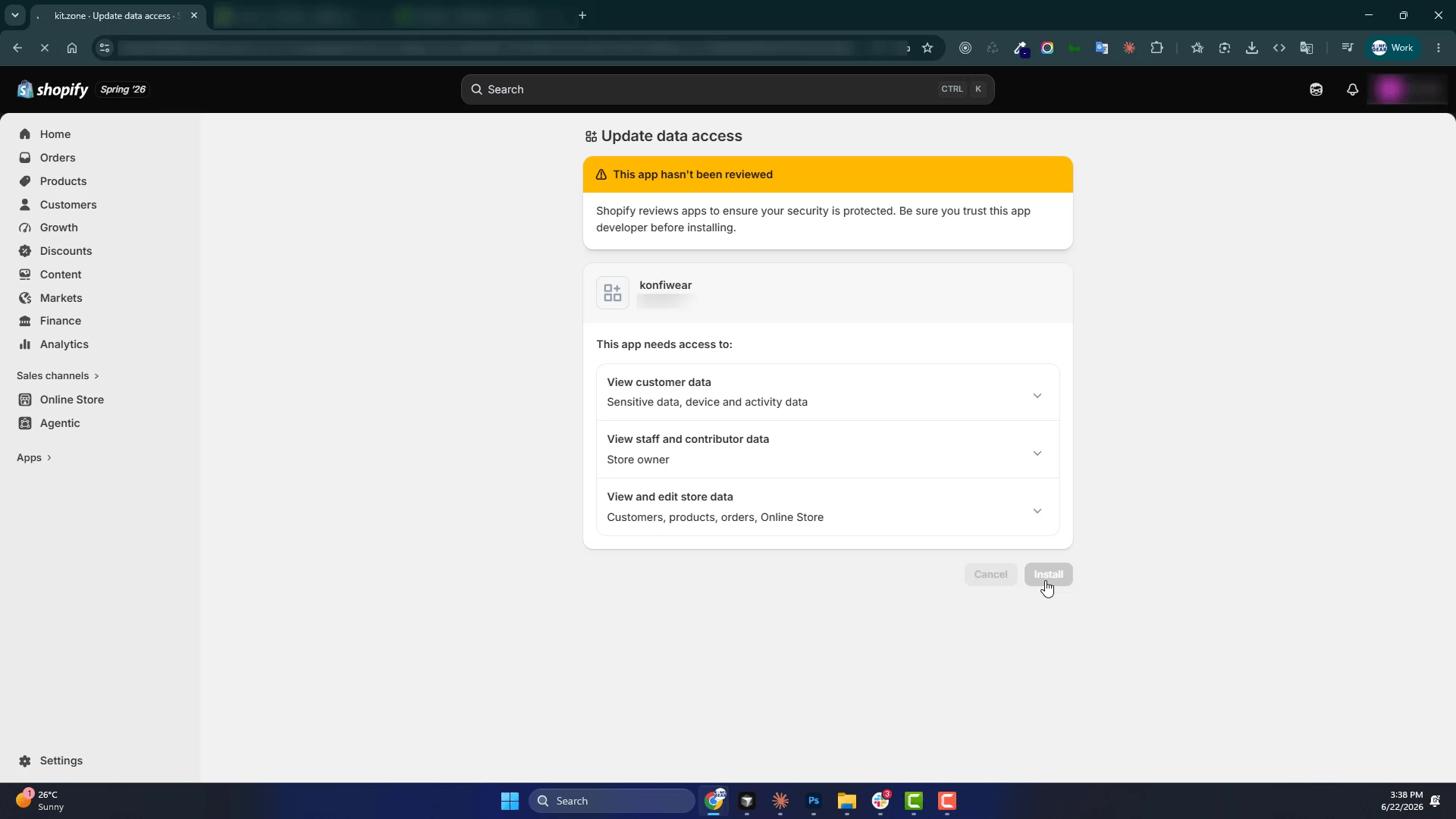 Shopify app installation confirmation screen
